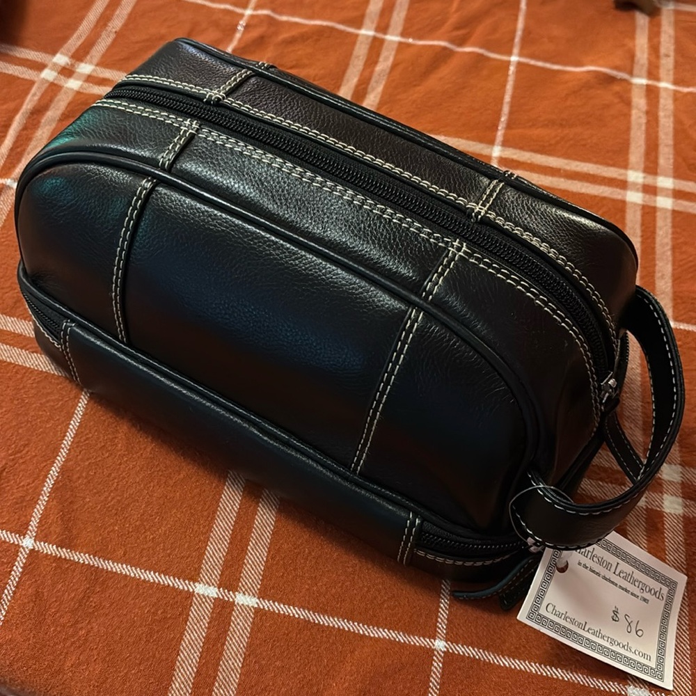 Black leather shave kit travel bag. Many compartments. Handmade.